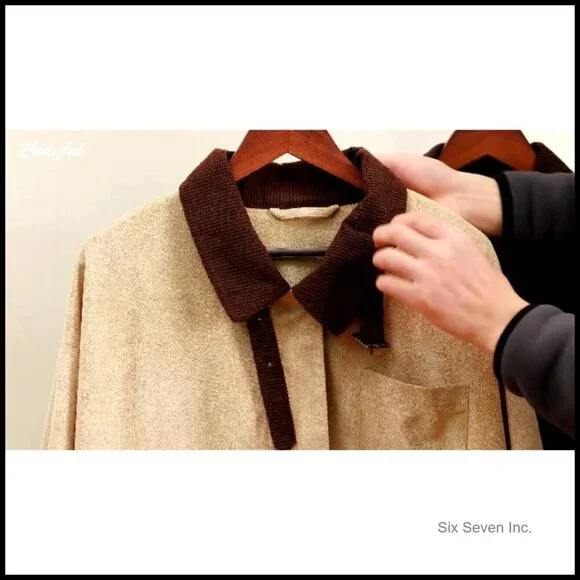 Oversized Faux Suede Bomber Jacket Corduroy Collar Vintage Barn Coat Chic - Picture 7 of 7